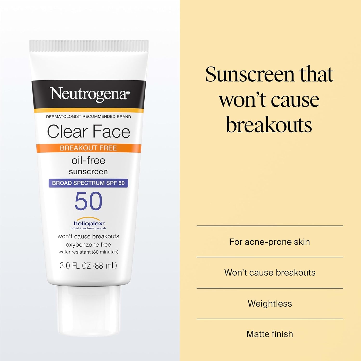 image:imageNeutrogena Clear Face Sunscreen Lotion SPF 50 for AcneProne Skin Broad Spectrum UVA UVB Protection OilFree NoFragrance NoOxybenzone WaterResistant Daily Face Moisturizer 3 fl oz3 Fl Oz Pack of 1
