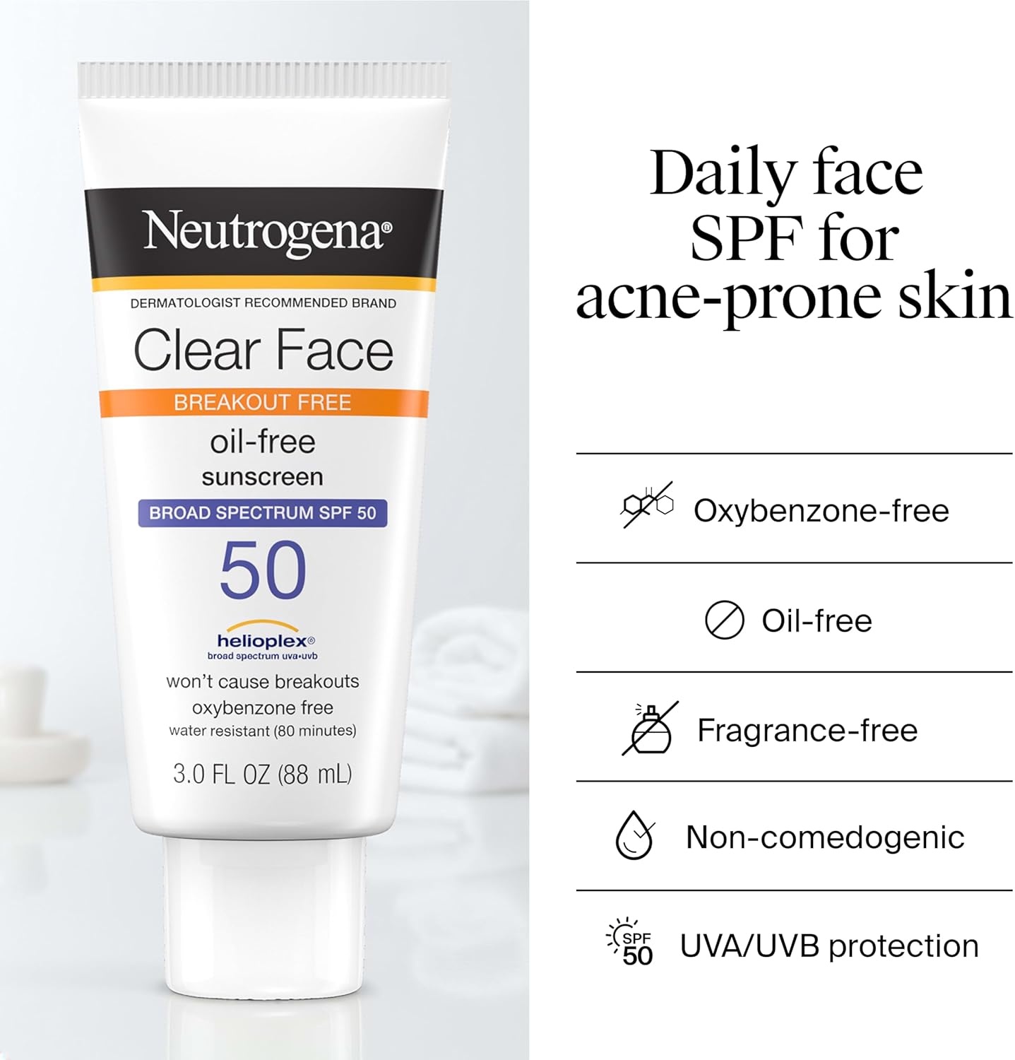 image:imageNeutrogena Clear Face Sunscreen Lotion SPF 50 for AcneProne Skin Broad Spectrum UVA UVB Protection OilFree NoFragrance NoOxybenzone WaterResistant Daily Face Moisturizer 3 fl oz3 Fl Oz Pack of 1