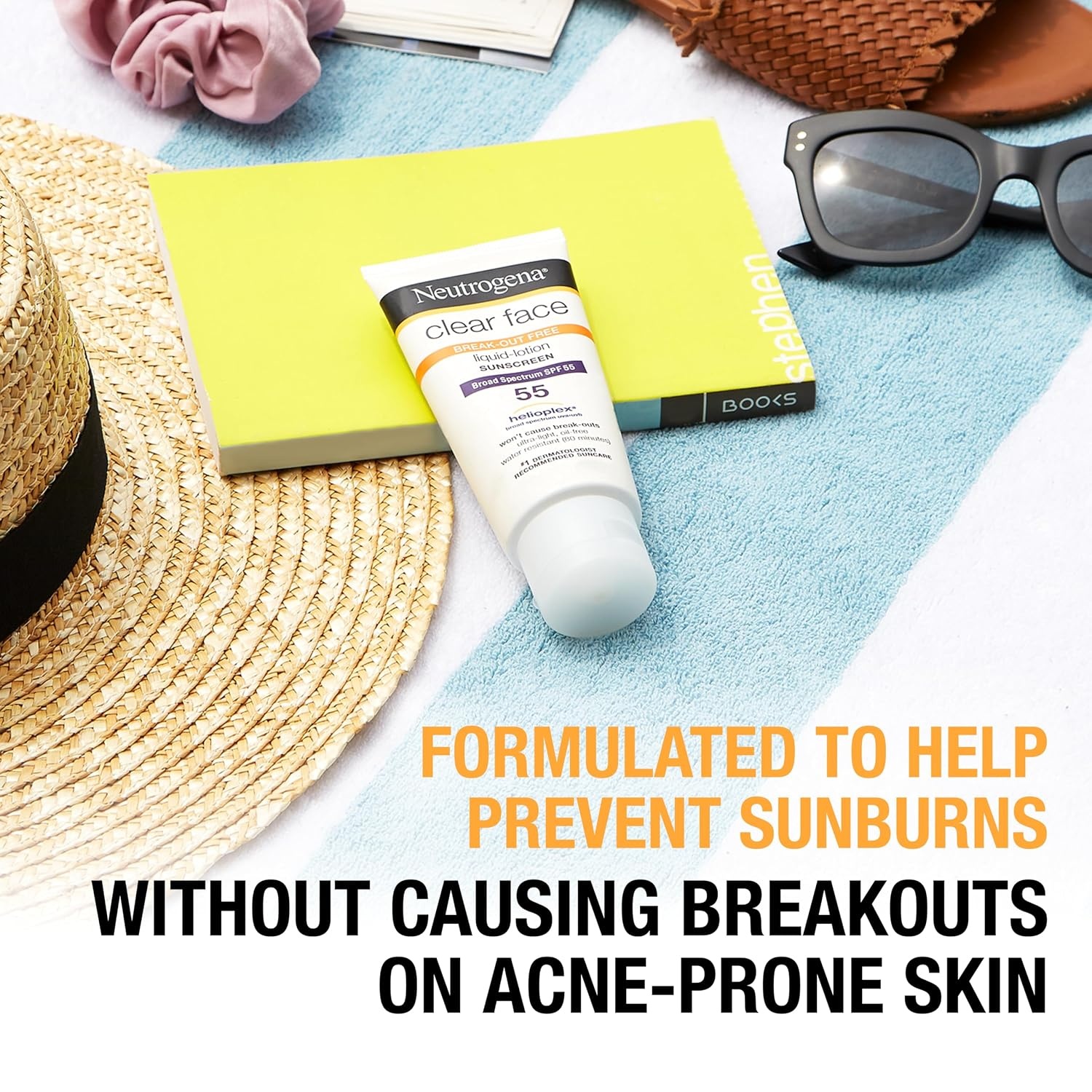 image:imageNeutrogena Clear Face Sunscreen for AcneProne Skin SPF 30 Broad Spectrum Facial Sunscreen Lotion Lightweight Non Comedogenic Oil Fragrance amp OxybenzoneFree Water Resistant 80 min 3 fl ozSPF 55