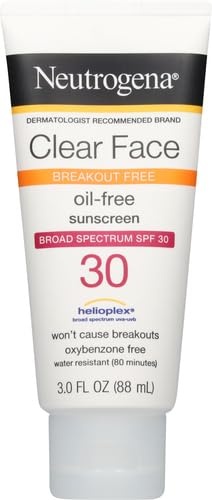image:imageNeutrogena Clear Face Sunscreen for AcneProne Skin SPF 30 Broad Spectrum Facial Sunscreen Lotion Lightweight Non Comedogenic Oil Fragrance amp OxybenzoneFree Water Resistant 80 min 3 fl ozSPF 30