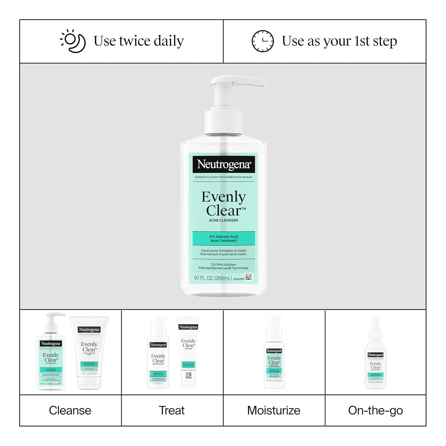 image:imageNeutrogena Evenly Clear Acne Cleanser with 2 Salicylic Acid amp 2 PHA Exfoliant Gentle Foaming Face Wash Clears Clogged Pores amp Blackheads While Visibly Fading Look of PostAcne Marks 91 fl oz