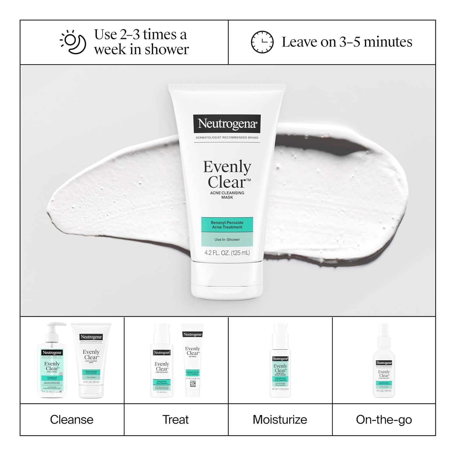 image:imageNeutrogena Evenly Clear Acne Cleansing Face Mask with 35 Benzoyl Peroxide Treats Breakouts amp Bentonite Clay Purifying Clay Mask Absorbs Oil to Visibly Improve the look of Skin 42 fl oz