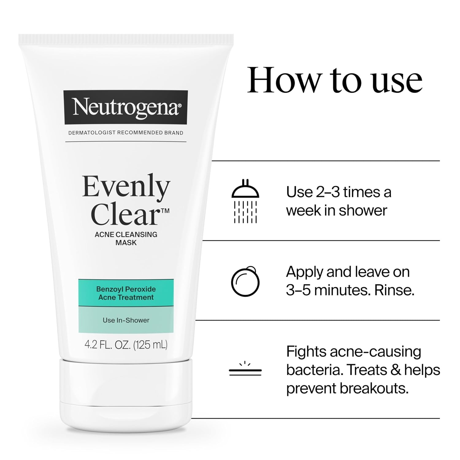 image:imageNeutrogena Evenly Clear Acne Cleansing Face Mask with 35 Benzoyl Peroxide Treats Breakouts amp Bentonite Clay Purifying Clay Mask Absorbs Oil to Visibly Improve the look of Skin 42 fl oz