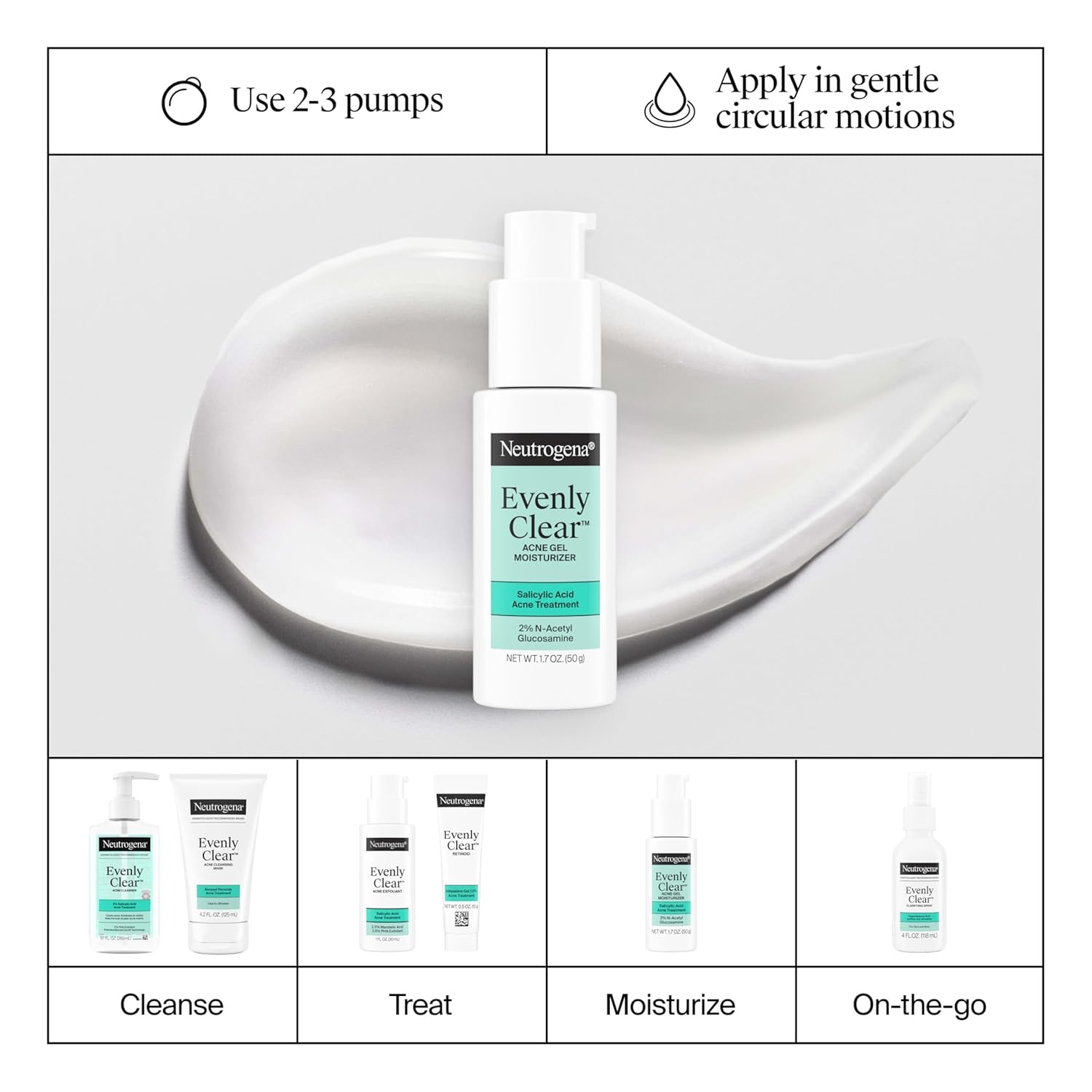 image:imageNeutrogena Evenly Clear Acne Gel Moisturizer with Salicylic Acid amp NAcetyl Glucosamine Lightweight NonGreasy Face Moisturizer Helps Treat Breakouts amp Visibly Fade the look of PostAcne 17 fl oz