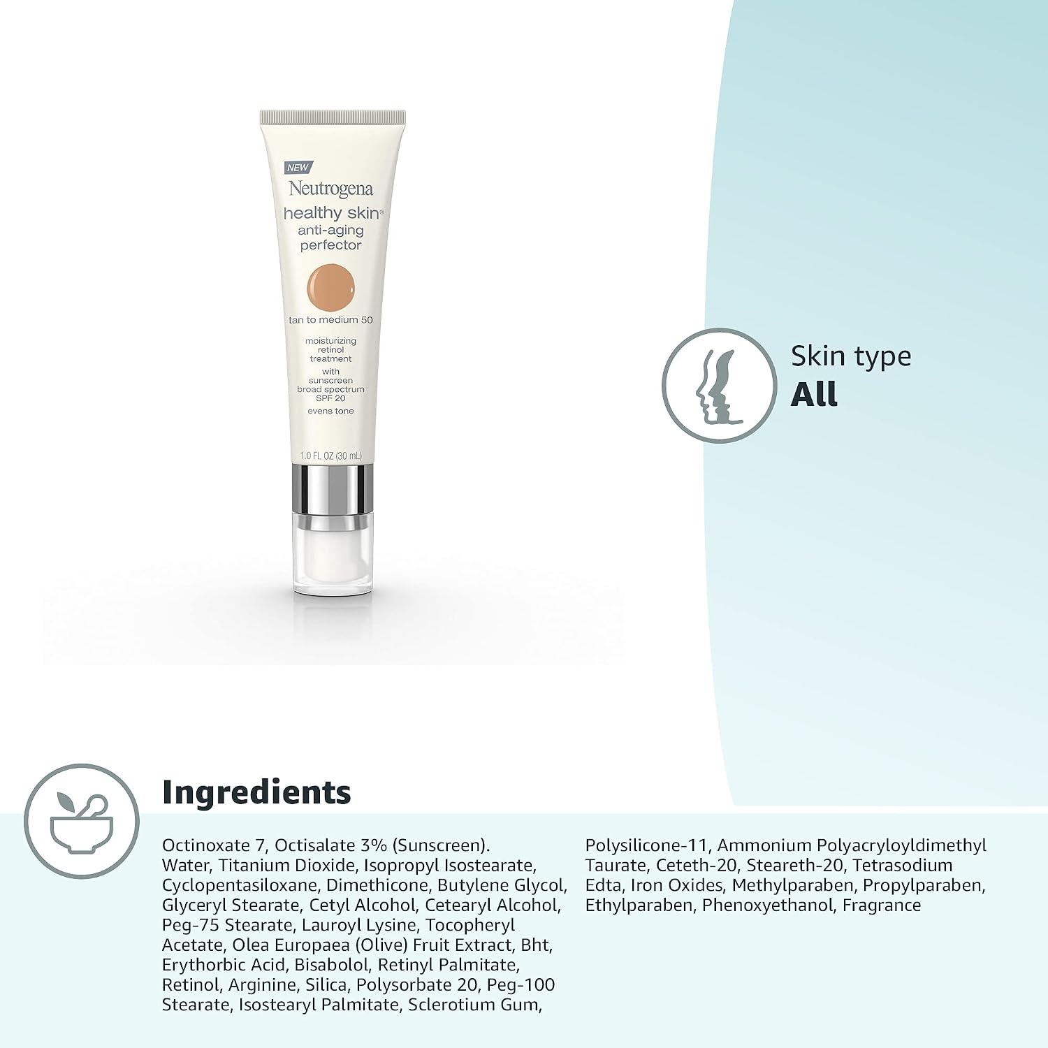 image:imageNeutrogena Healthy Skin AntiAging Perfector Tinted Facial Moisturizer and Retinol Treatment with Broad Spectrum SPF 20 Sunscreen with Titanium Dioxide 60 Medium to Deep 1 fl oz50 Tan To Medium