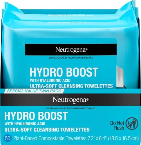 image:imageNeutrogena Hydro Boost Cleansing Wipes Makeup Remover for Face Micellar Gently Removes Oil Dirt and Waterproof Makeup Daily with Hydrating Hyaluronic Acid 25 ct50 Count Pack of 12