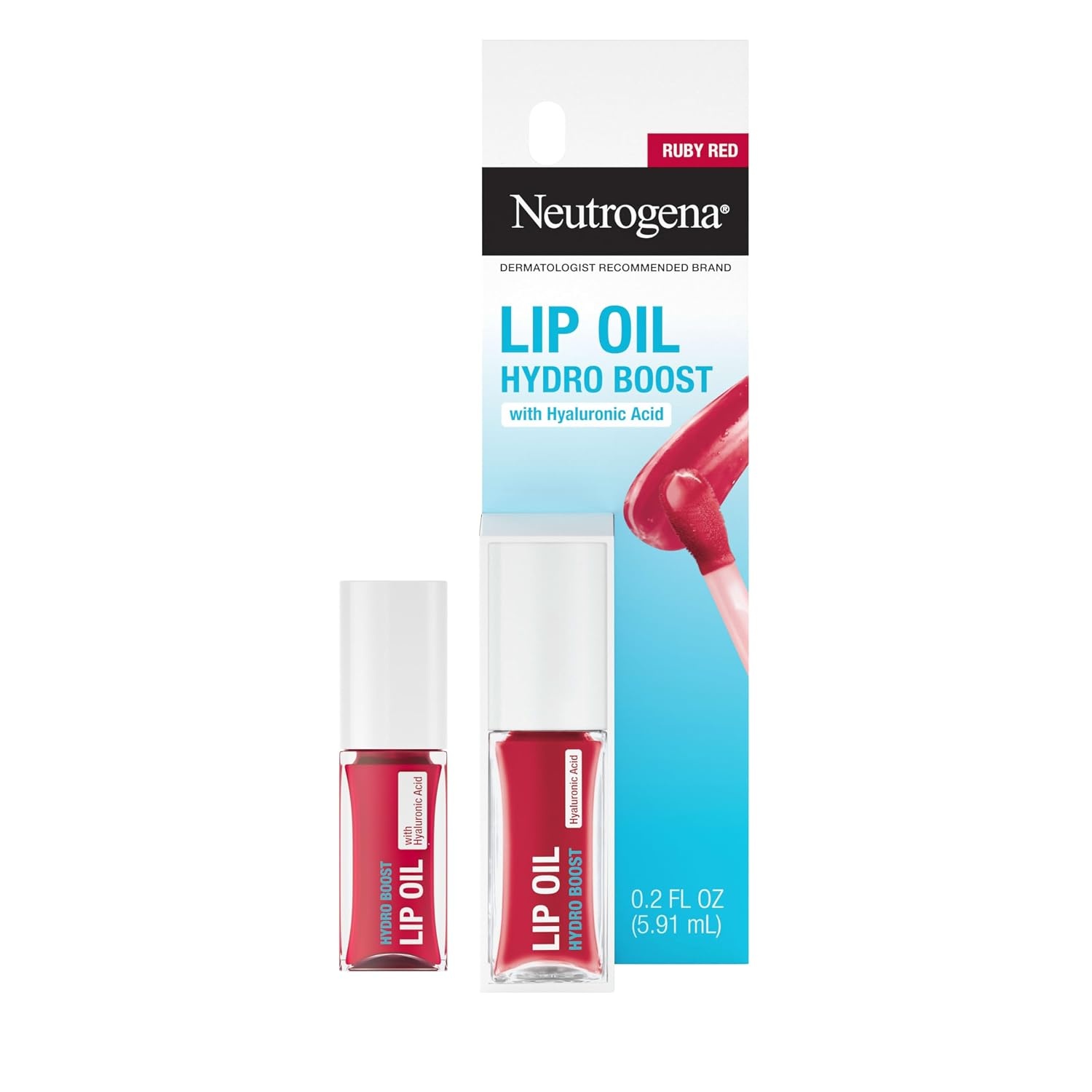 image:imageNeutrogena Hydro Boost Lip Oil Hyaluronic Acid Hydrates and Nourishes MirrorLike Shine for FullerLooking Lips Tinted Gloss Adds Pop of Color Formulated Without Parabens Light Pink 2 fl ozRuby Red