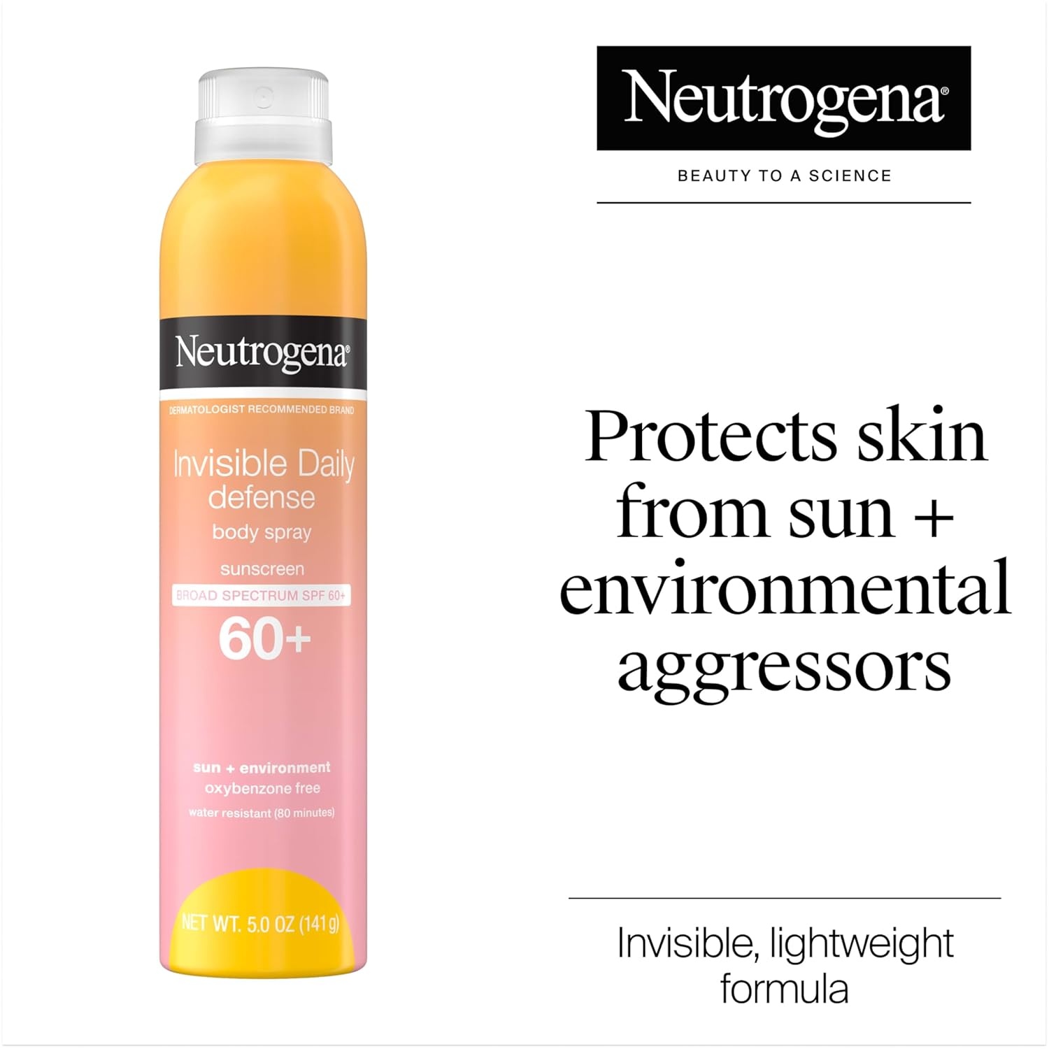 image:imageNeutrogena Invisible Daily Defense Body Sunscreen Spray Broad Spectrum SPF 60 OxybenzoneFree amp WaterResistant Sun amp Environmental Aggressor Protection Antioxidant Complex 50 oz5 Fl Oz Pack of 1