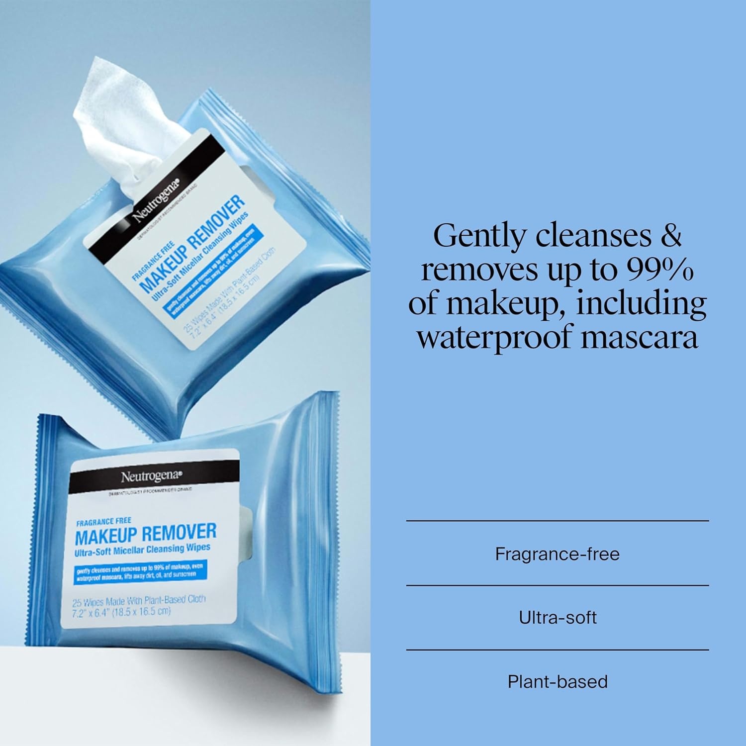 image:imageNeutrogena Makeup Remover Wipes for Face Daily FragranceFree Gently Removes Oil Dirt and Waterproof Makeup in a Simple Fully PlantBased Cloth 25 ct25 Count Pack of 1