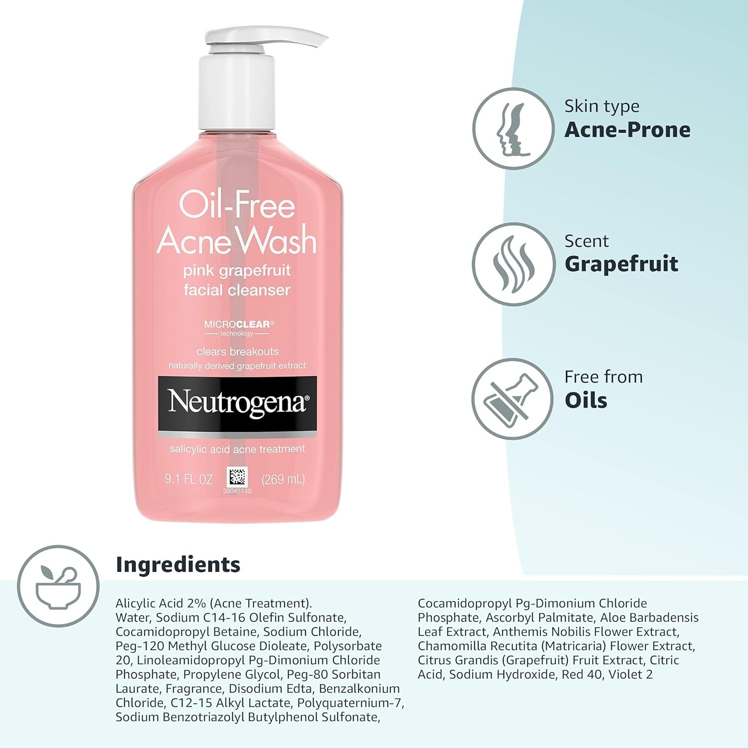 image:imageNeutrogena OilFree Pink Grapefruit Pore Cleansing Acne Wash and Daily Liquid Facial Cleanser with 2 Salicylic Acid Acne Medicine and Vitamin C Twin Pack 91 fl oz 2 PackGrapefruit
