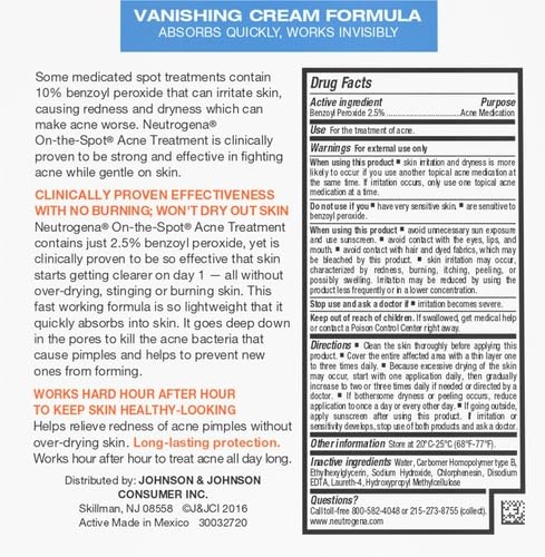 image:imageNeutrogena OnTheSpot Acne Spot Treatment Cream with 25 Benzoyl Peroxide Gentle Face Blemish Medicine for AcneProne Skin Vanishing Formula Clinically Proven Day1 Results 075Ounce Tube075 Ounce Pack of 2