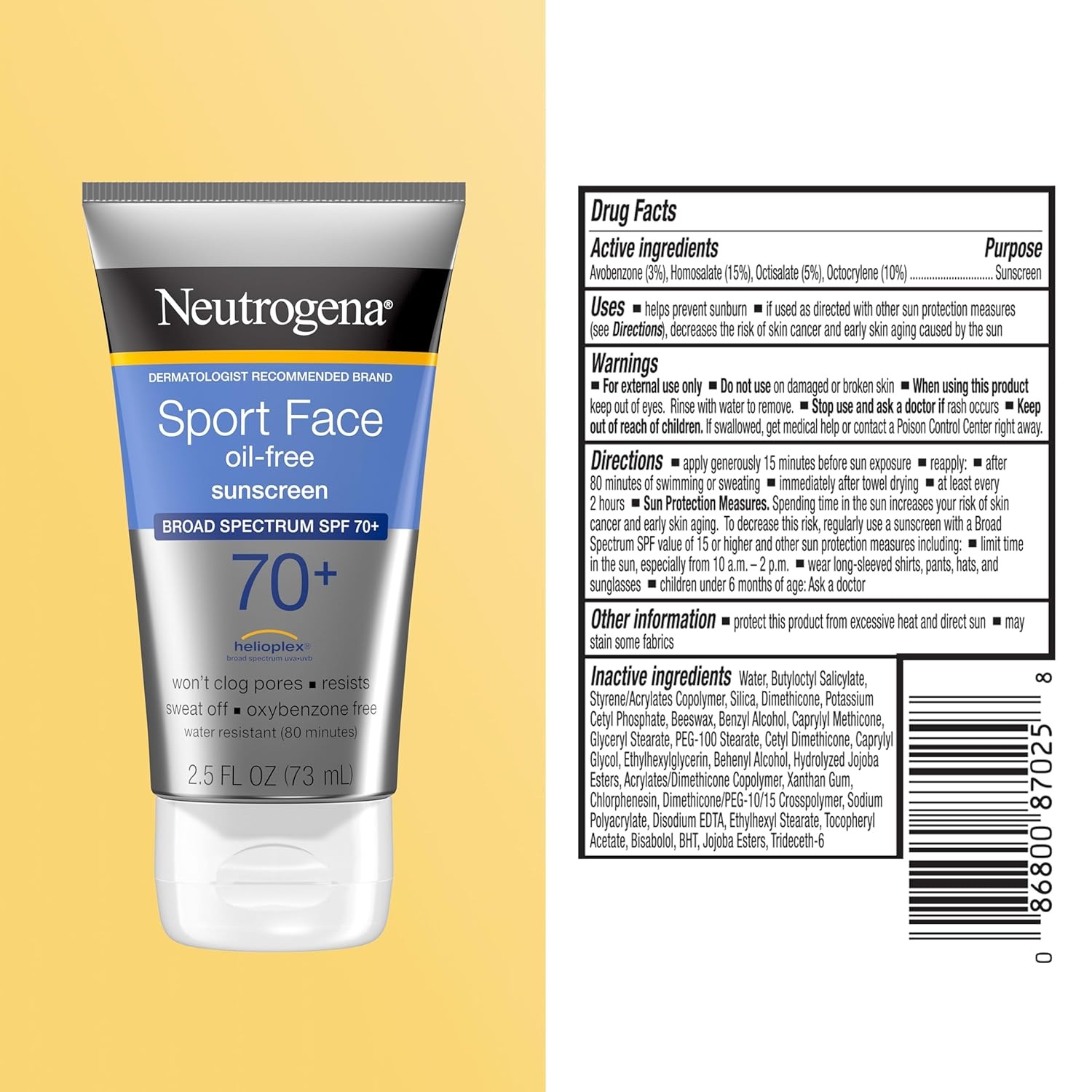 image:imageNeutrogena Sport Face Sunscreen Lotion SPF 70 Oil Free Sweat and WaterResistant Broad Spectrum UVA UVB Protection OxybenzoneFree for Active Lifestyles 25 fl ozSPF 70