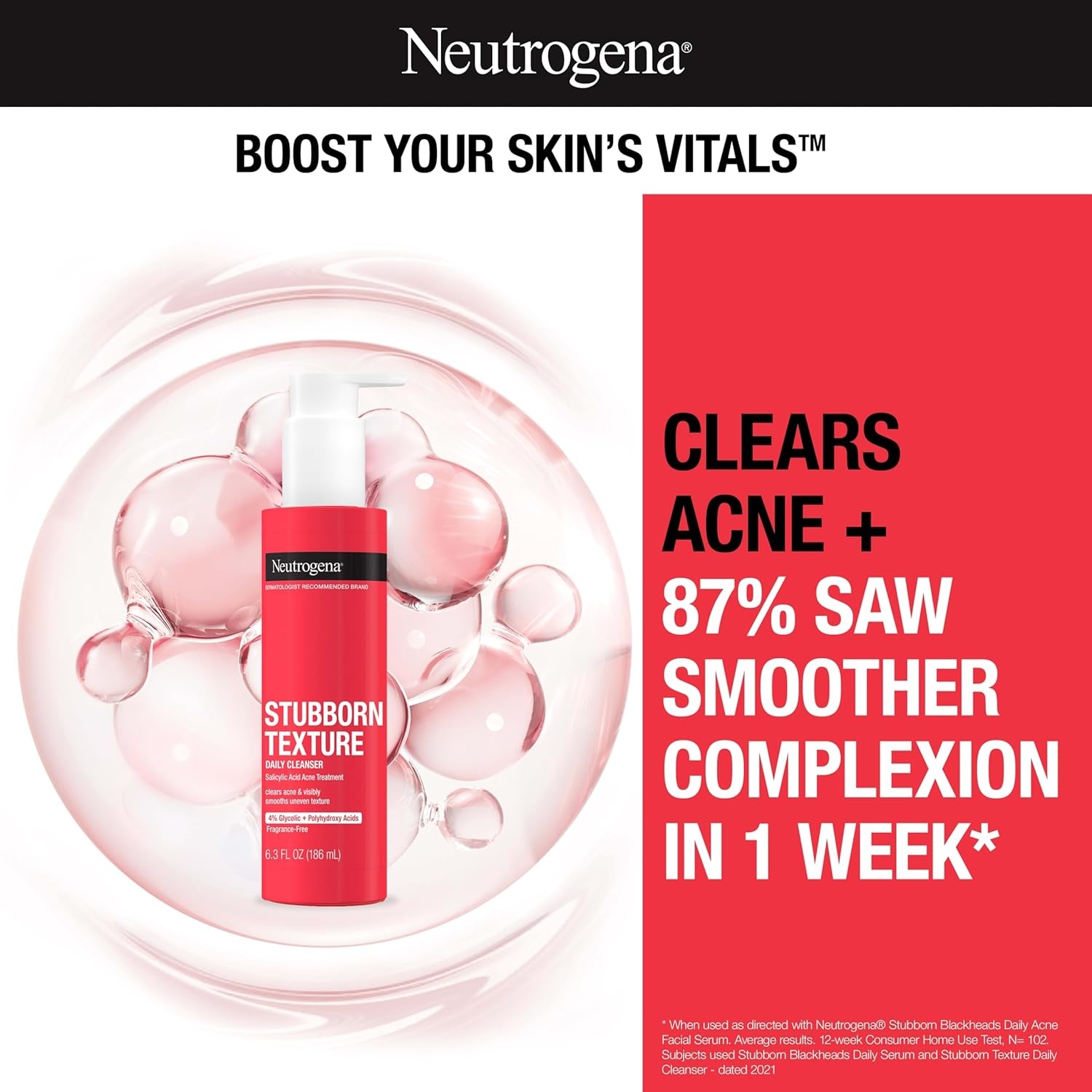 image:imageNeutrogena Stubborn Texture Daily Acne Facial Cleanser Salicylic Acid Face Wash Glycolic amp Polyhydroxy Acids FragranceFree 63 fl oz63 Fl Oz Pack of 1