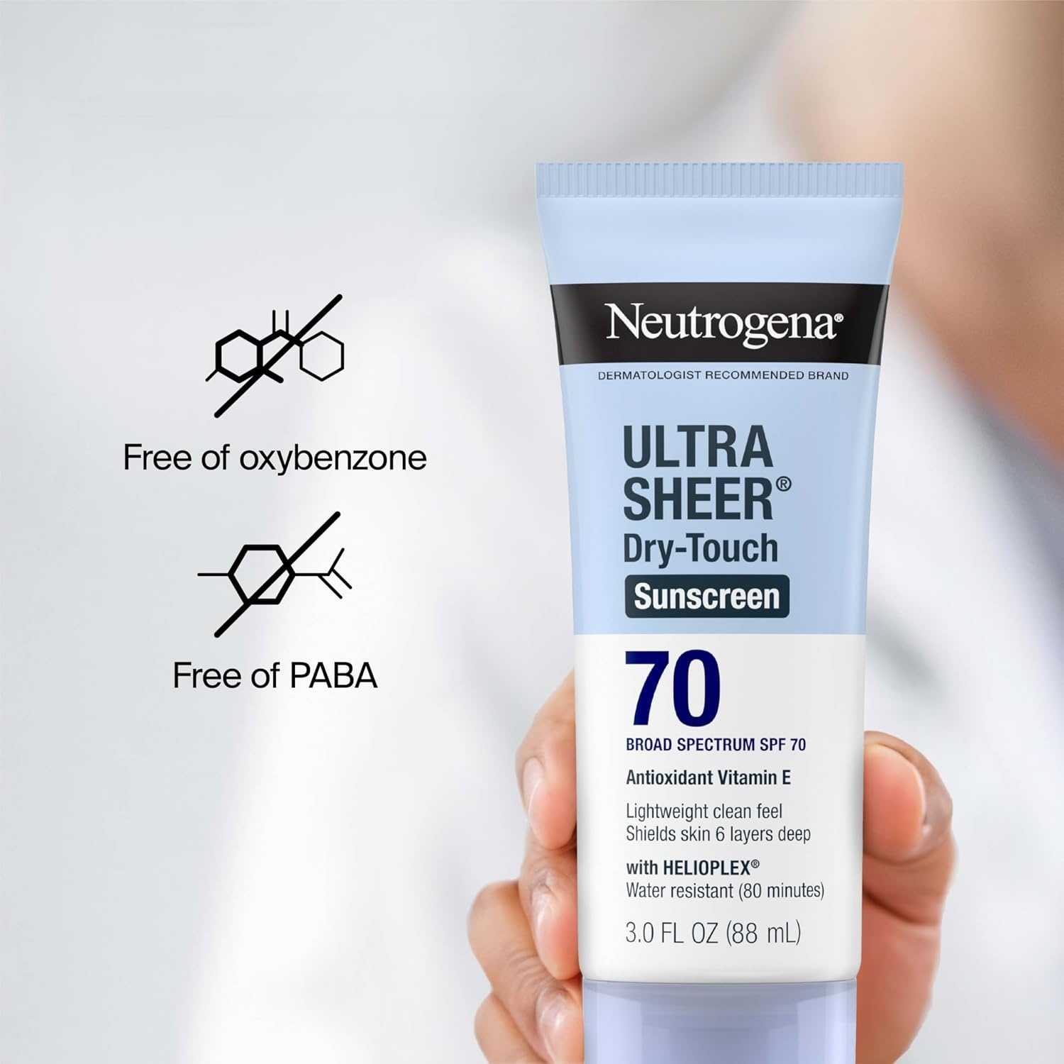 image:imageNeutrogena Ultra Sheer Dry Touch Sunscreen Lotion SPF 70 Broad Spectrum UVA UVB Protection Lightweight Water Resistant up to 80 Minutes Oil PABA Oxybenzone Free 3 fl oz3 Fl Oz Pack of 12