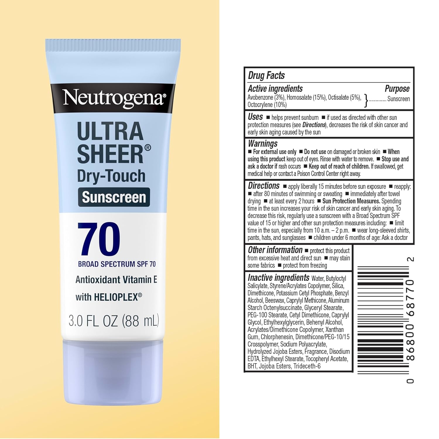 image:imageNeutrogena Ultra Sheer Dry Touch Sunscreen Lotion SPF 70 Broad Spectrum UVA UVB Protection Lightweight Water Resistant up to 80 Minutes Oil PABA Oxybenzone Free 3 fl oz3 Fl Oz Pack of 1