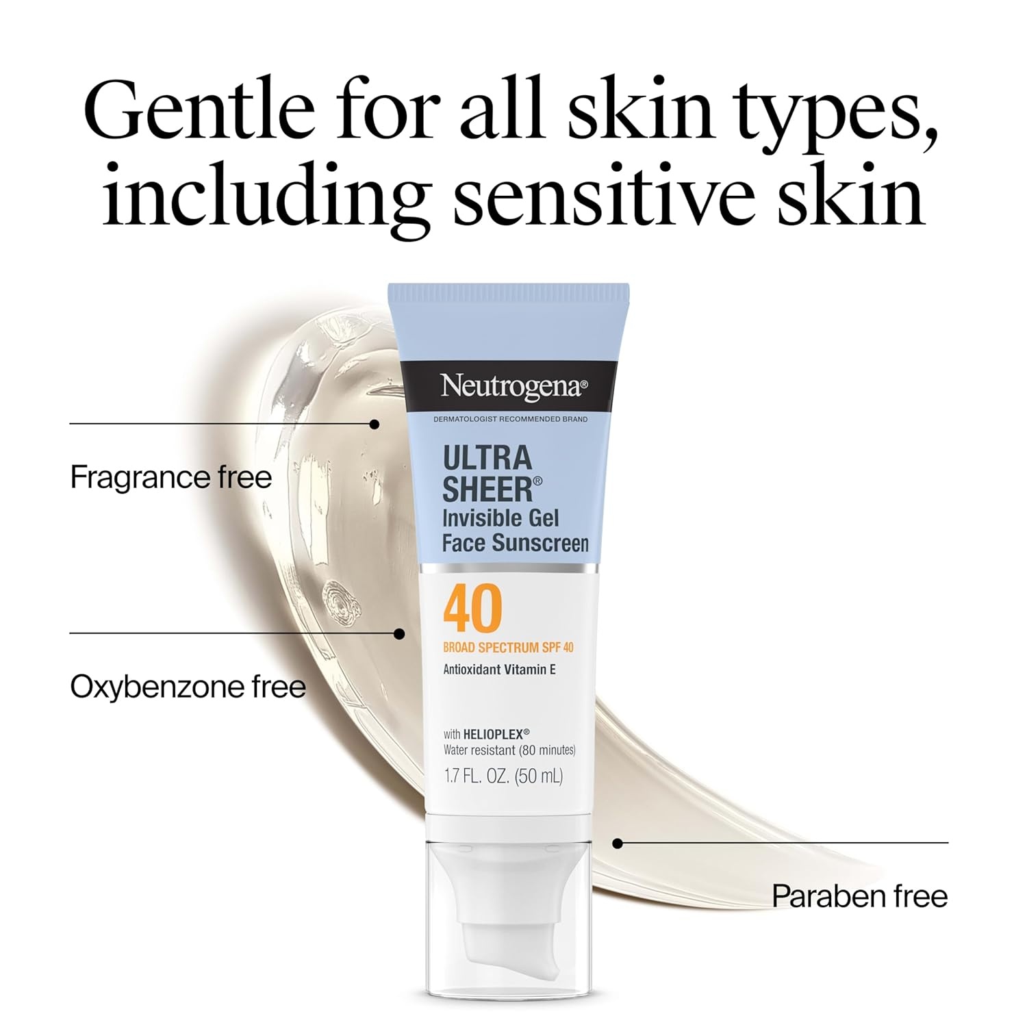 image:imageNeutrogena Ultra Sheer Invisible Gel Face Sunscreen SPF 40 Facial Sunscreen amp Moisturizer Vitamin E Matte Finish Makeup Primer Travel Size 80 Minutes WaterResistant 17 oz