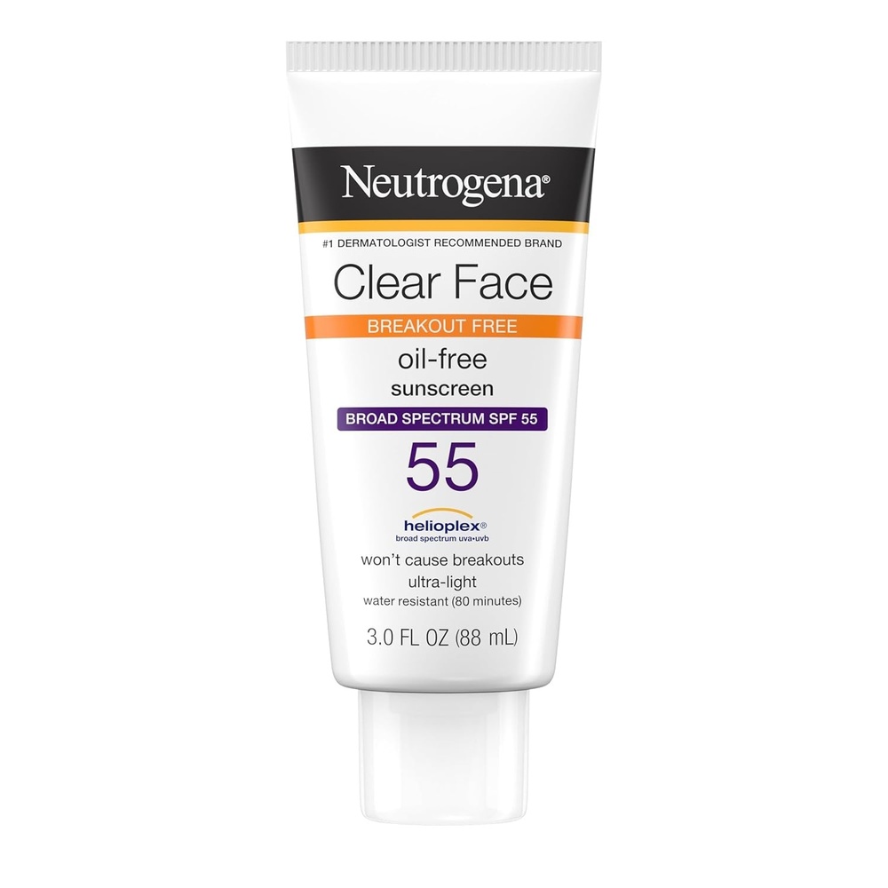 image:imageNeutrogena Clear Face Sunscreen for AcneProne Skin SPF 30 Broad Spectrum Facial Sunscreen Lotion Lightweight Non Comedogenic Oil Fragrance amp OxybenzoneFree Water Resistant 80 min 3 fl ozSPF 55