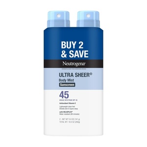 image:imageNeutrogena Ultra Sheer Sunscreen Spray SPF 45 Body Mist Lightweight NonGreasy Broad Spectrum UVAUVB Protection OilFree amp NonComedogenic Water Resistant Spray Sunscreen 80 min Twin Pack 5 oz