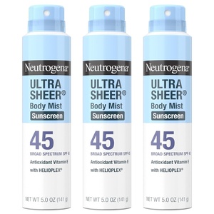 image:imageNeutrogena Ultra Sheer Sunscreen Spray SPF 45 Body Mist Lightweight NonGreasy Broad Spectrum UVAUVB Protection OilFree amp NonComedogenic Water Resistant Spray Sunscreen 80 min Pack of 3 5 oz