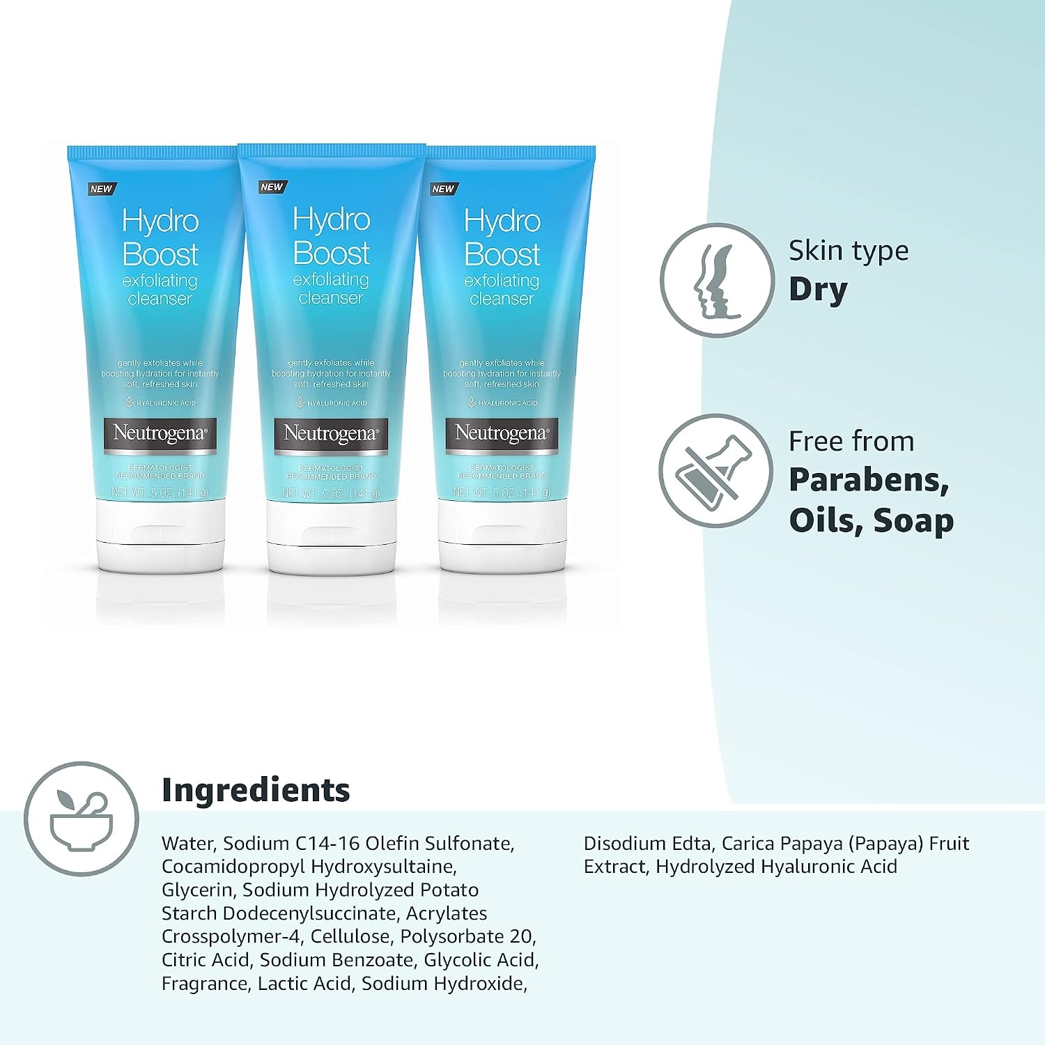 image:imageNeutrogena Hydro Boost Gentle Exfoliating Daily Facial Cleanser with Hyaluronic Acid Face Wash Clinically Proven to Increase Skins Hydration Level OilFree amp NonComedogenic 5 oz 3 Pack5 Ounce Pack of 12