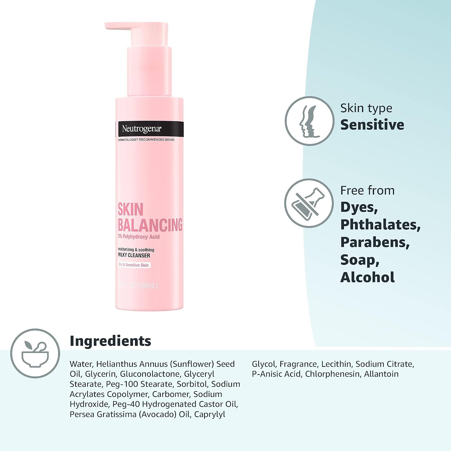 image:imageNeutrogena Skin Balancing Milky Cleanser with 2 Polyhydroxy Acid PHA Soothing amp Moisturizing Face Wash for Dry amp Sensitive Skin ParabenFree SoapFree SulfateFree 63 oz63 Fl Oz Pack of 2